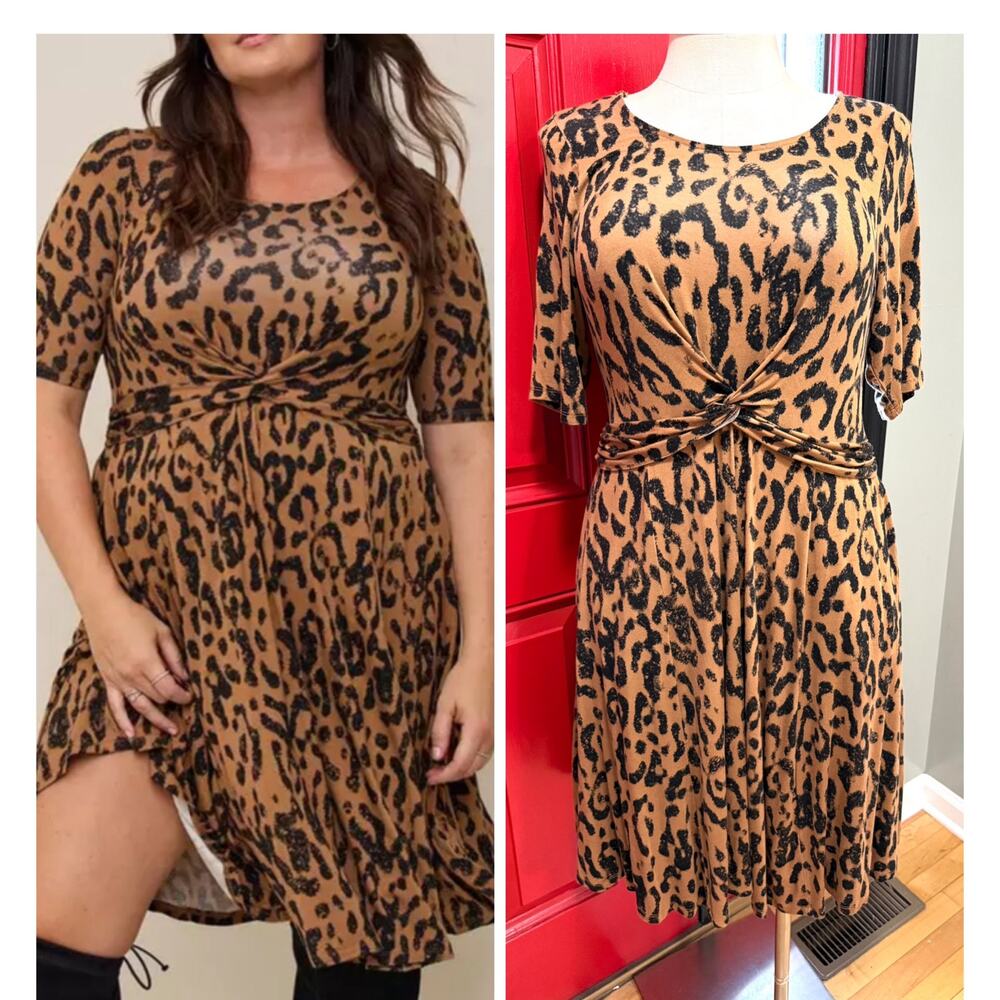Torrid 1 (1X 14/16) Leopard Animal Print Super Soft Skater Ruched Front Dress